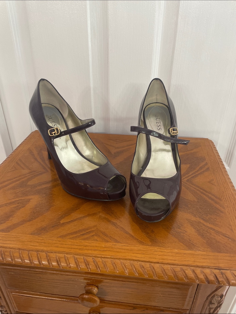 GUESS Patent Mary Jane Peep-Toe Heels in Deep Plum